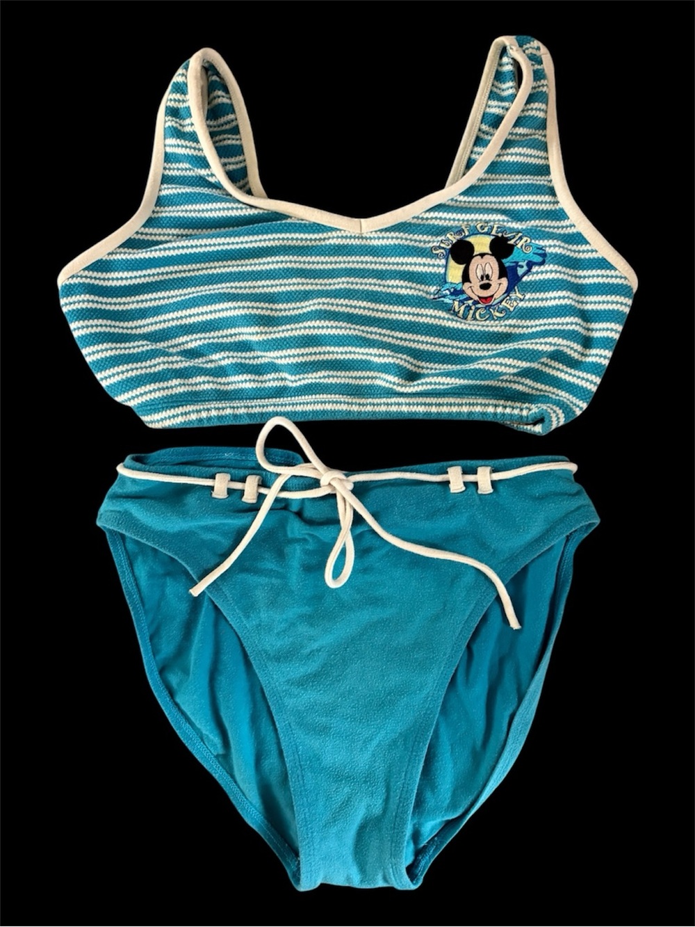 Vintage Surf Gear Mickey Mouse Disney Teal and White Striped Two-Piece Swim Set
